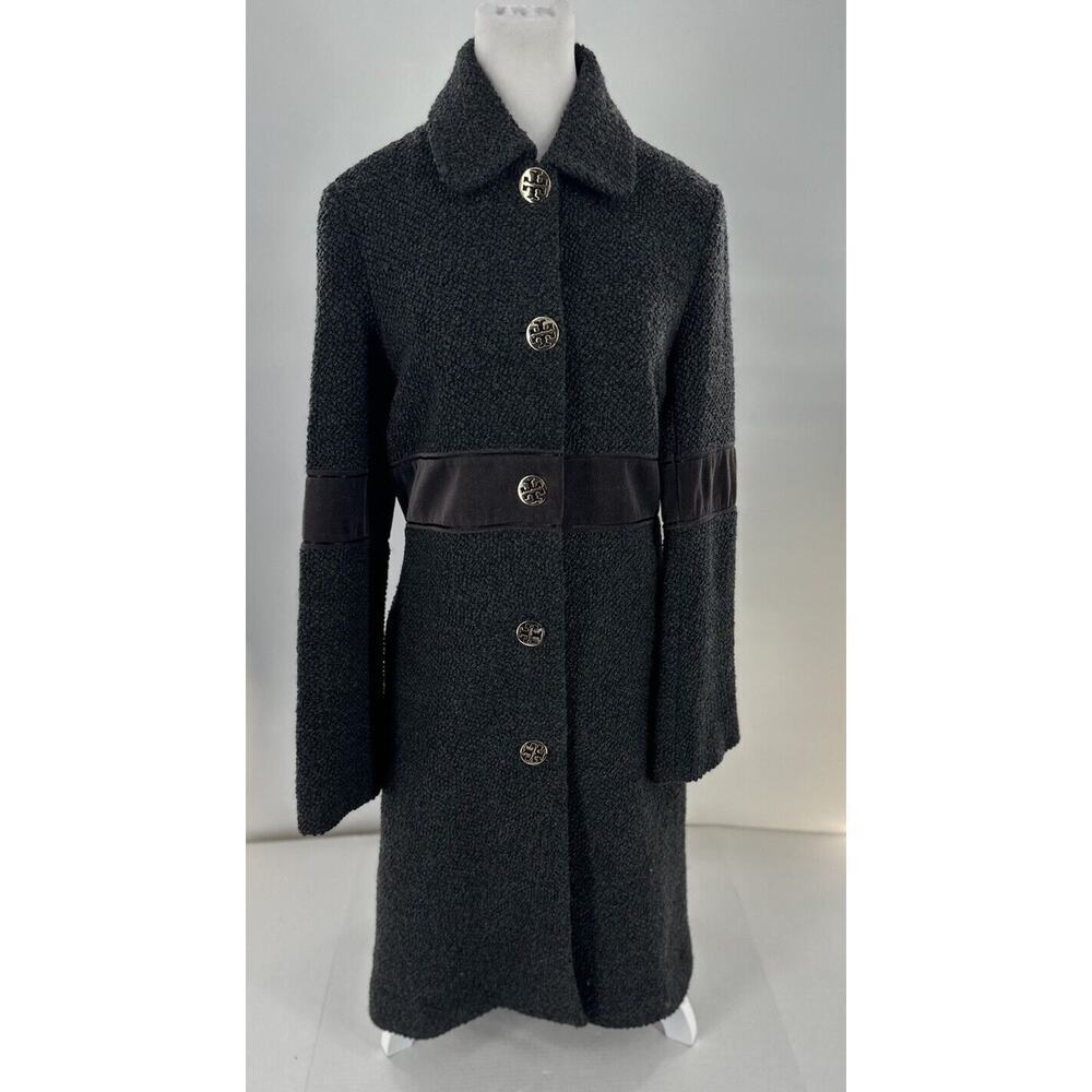 Tory Burch Long Coat Sz 8 Wool Logo Velvet Trim Bouclé Dark Academia Preppy Twee